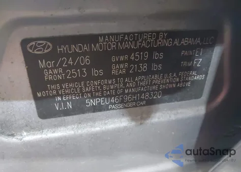2006 Hyundai Sonata Gls V6/Lx V6 from USA, damaged, VIN 5NPEU46F96H148320